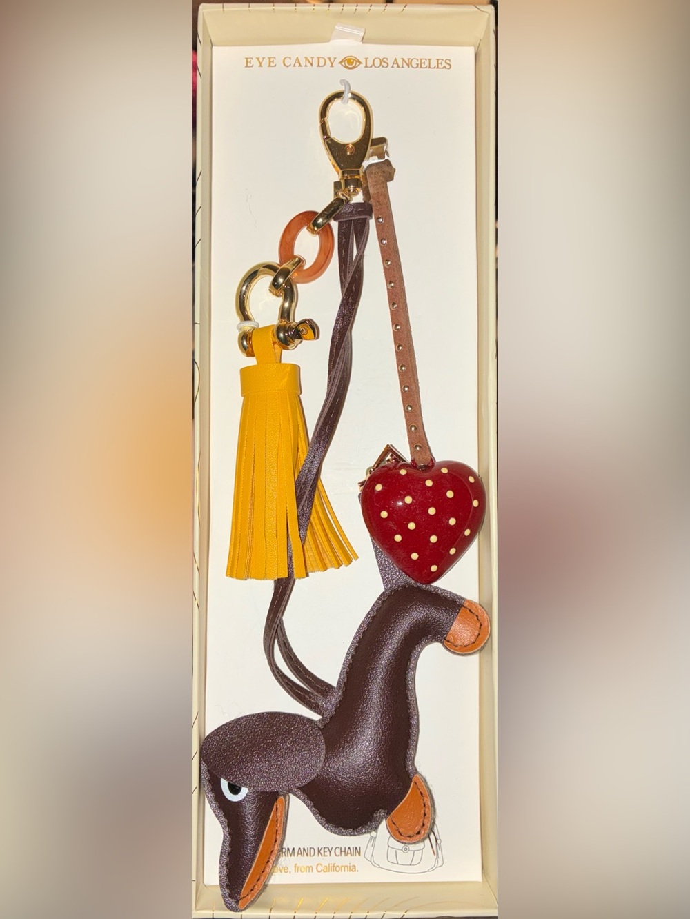 EYECANDY Viral Dachshund Dog Puppy Heart Tassel Bag Purse Charm Keychain NEW NWT